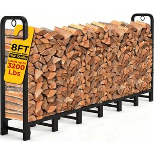 Amagabeli 8ft Firewood Log Rack Outdoor Heavy Duty Logs Holder for Fireplace Indoor Outdoor Adjustable Wood Racks for Fire Wood Holder Metal Pile Stand Storage Stacker Organizer Black