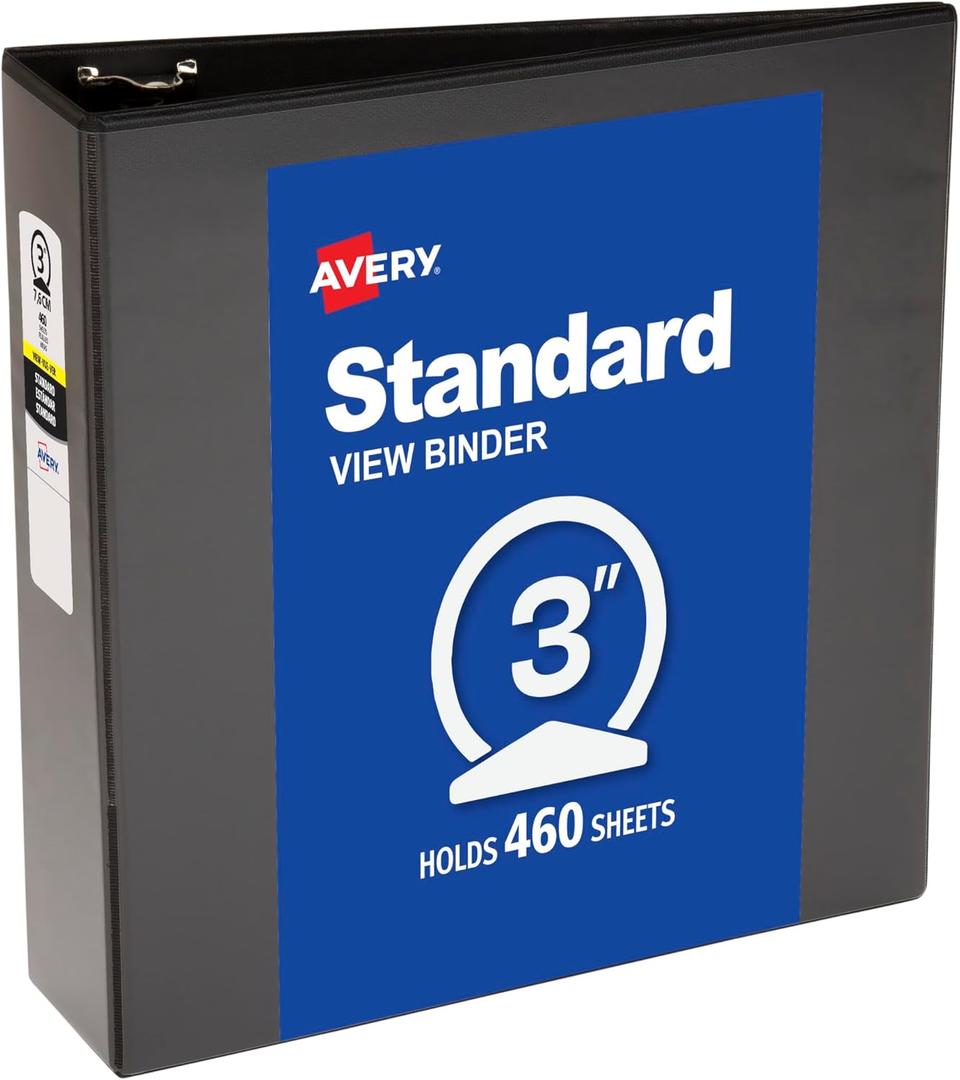 Avery Standard View 3 Ring Binder, 3" Round Rings, 460-Sheet Capacity, 3.5 Inch Wide Spine, 1 Black Binder, Ideal for Lightweight Organization and Occasional Referencing (05740)