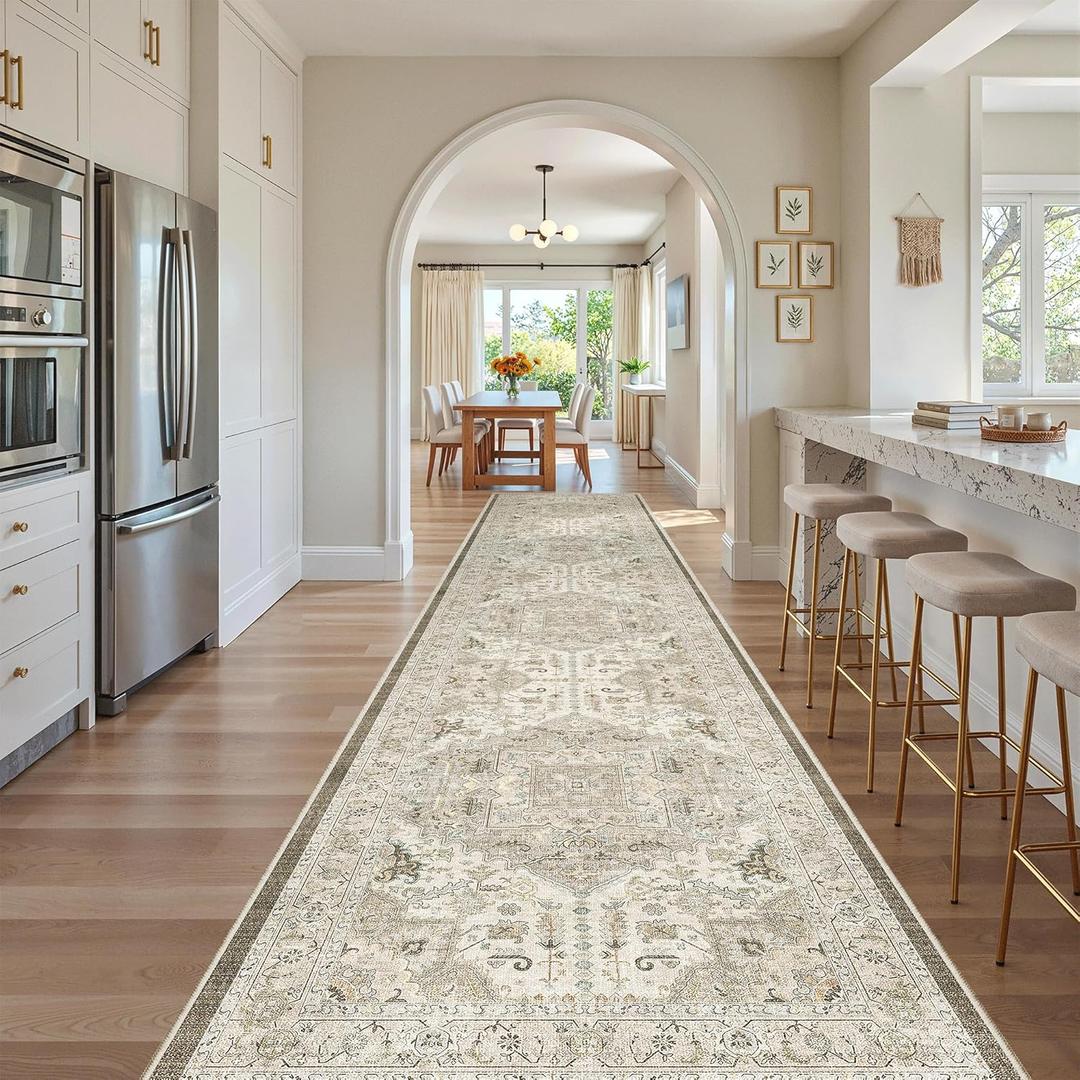 Madane Hallway Runner Rug 3x16 - Vintage Non Slip Washable 16ft Kitchen Runner for Entrance Soft Long Carpet Runners for Living Room Bathroom Low Pile Floor Mat for Bedroom Dining Room, Ivory/Brown