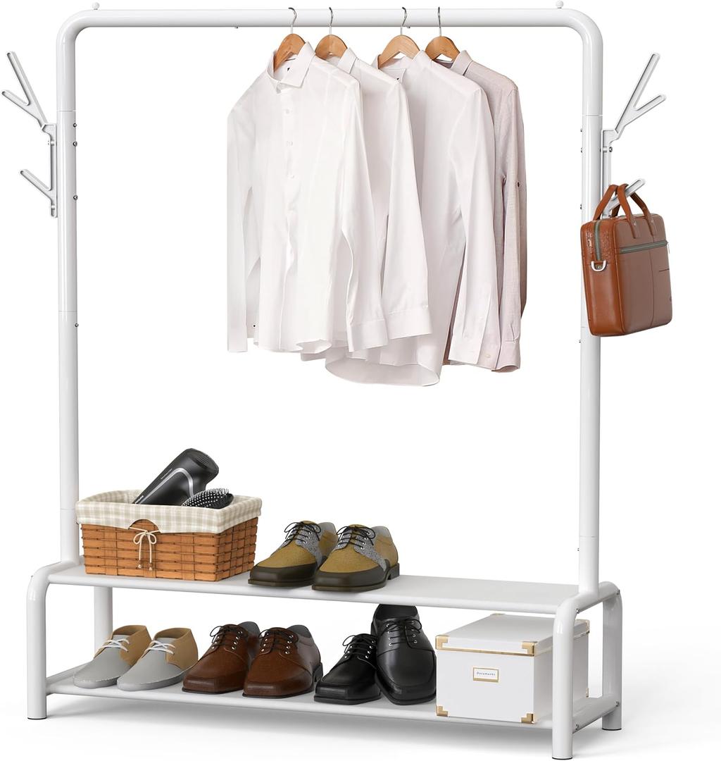 Simple Houseware 52-Inch Garment Rack with Storage Shelves and Coat/Hat Hooks, Freestanding Clothing Organizer, White