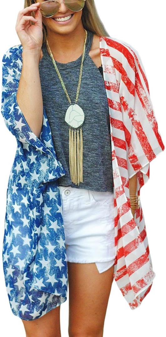 DDSOL Women's American Flag Kimono Cover up Beachwear Cardigan Loose Tops Shirt Blouse (1# Red)
