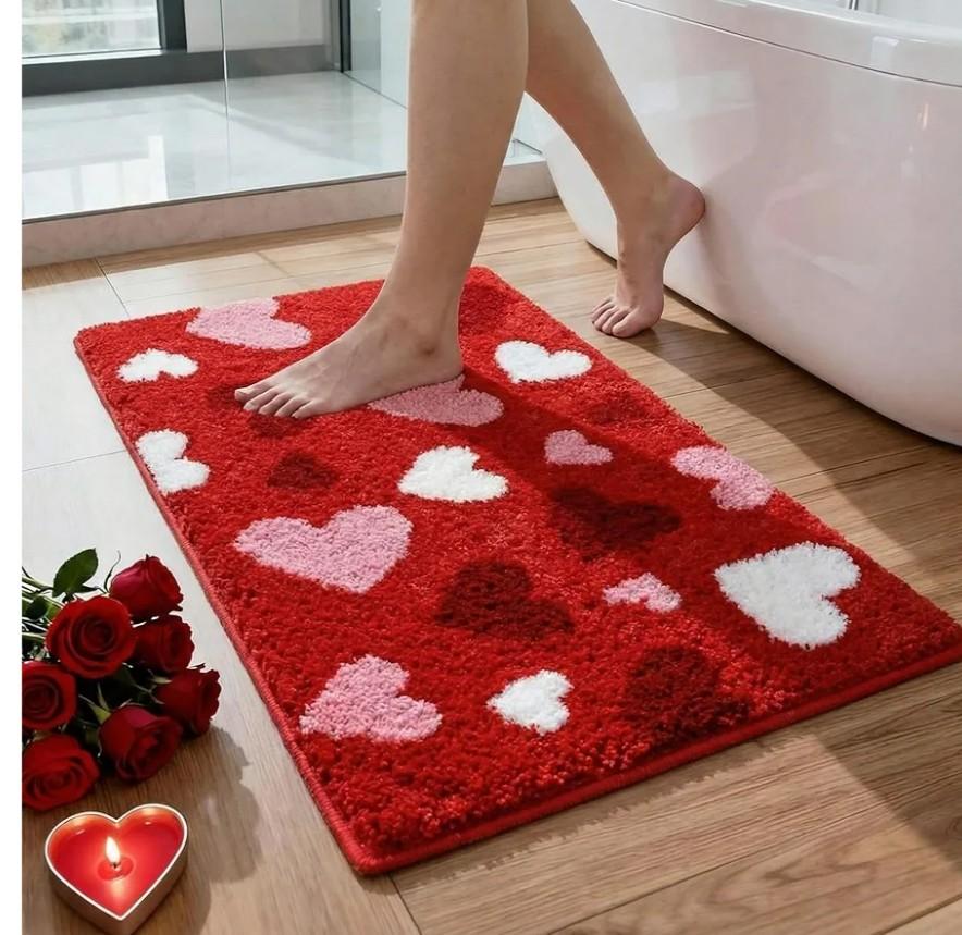 Duraaamo Valentines Bathroom Rug 16 x 24 Inch Red Love Heart Tufted Bath Mat Absorbent Non Slip Rectangle Anniversary Wedding Mat Floor Doormats Rugs for Bathroom Living Room Home Decor