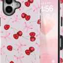 DEFBSC Case for iPhone 16, Cute Pink Bow Cherry Print Aesthetic Trendy Pattern for Women Girls Slim Durable Bumper Shockproof for iPhone 16 Case, Pink Ribbon/Glossy