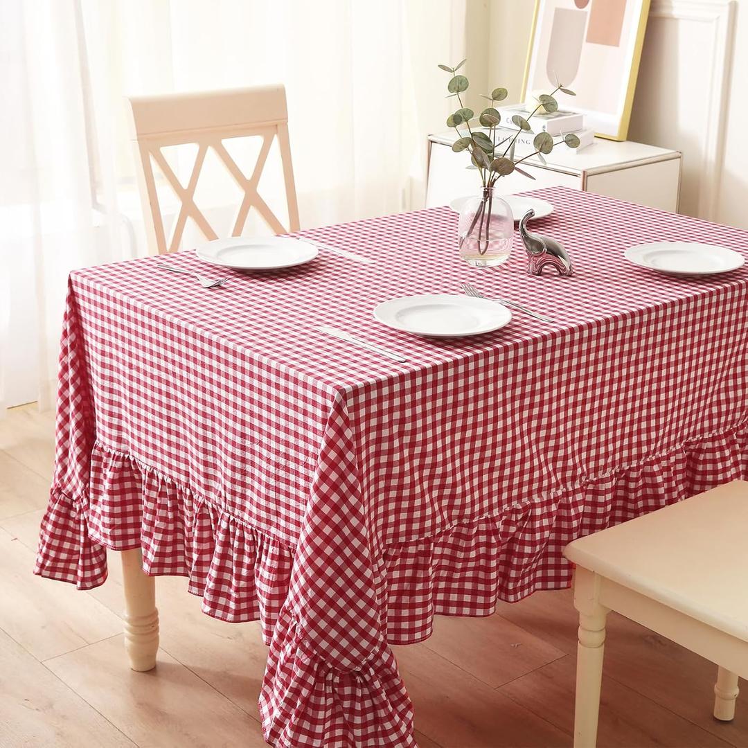 Red Plaid Ruffled Table Cloth for Rectangle Table Seat 4-6, 100% Washed Cotton Classic Farmhouse Checker Gingham Vintage Decorative Tablecloth - 70"x52"