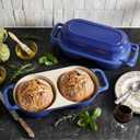 Double Dutch Oven Pot with Lid, 2.2QT Enameled Cast Iron Bread Loaf Pan, Mini Dutch Oven For Sourdough Bread Baking, 500F Oven Safe Non Stick Dual Round Bread Pan, Bread Oven, 16.5cm Diameter, Blue