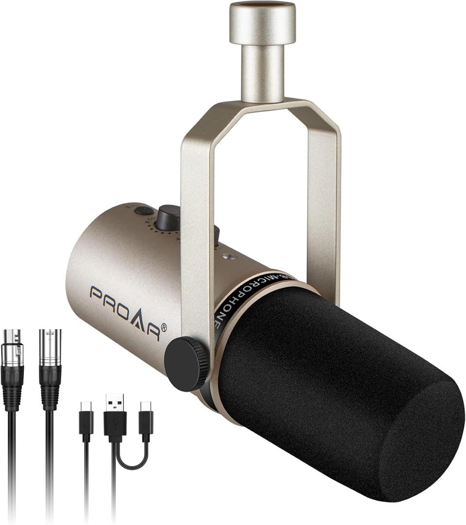 USB/XLR Podcasting Dynamic Microphone,Professional USB Gaming Microphone for PC Computer with Noise Cancelling,Metal XLR Streaming Mic Kit for Vocal,Instruments Recording,Voice Over,YouTube (Gold)