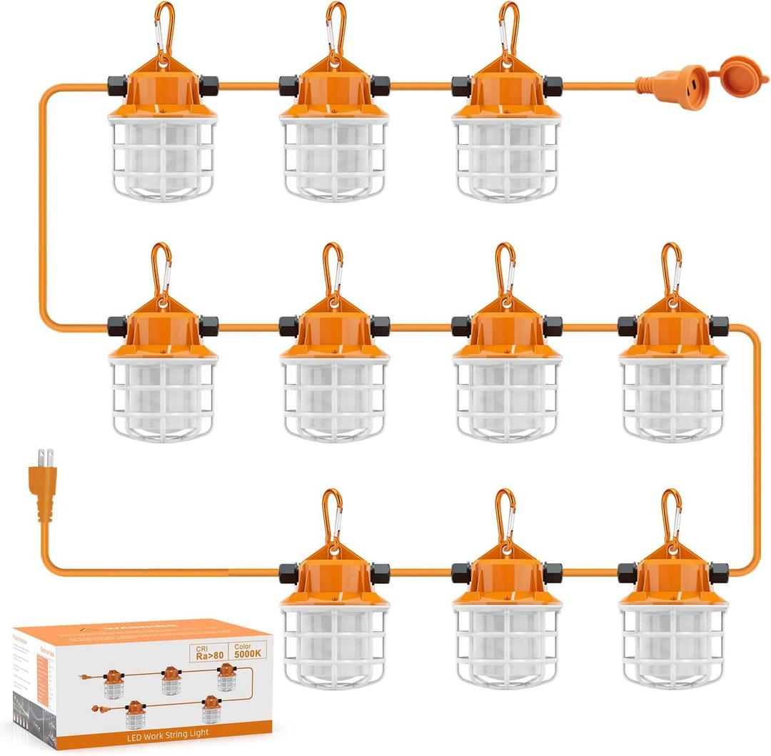 NS 100FT Construction String Lights 150W LED Industrial Grade 15000LM 5000K IP65 Linkable for Construction Sites, Temporary Work, Renovation, Jobsite, All Outdoor Lighting, with 10 Bulbs and Hook