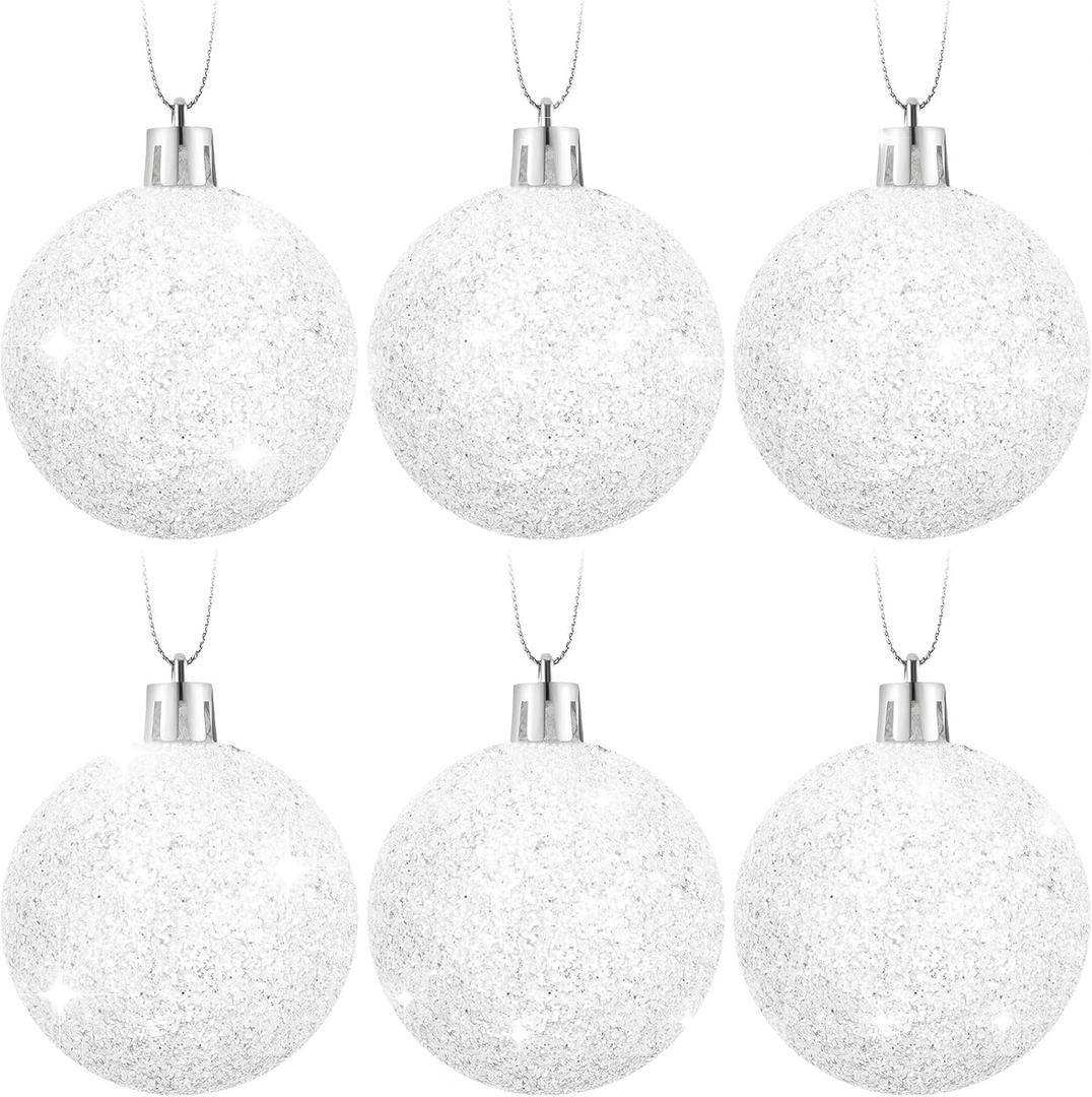 BBTO Glitter Christmas Balls Ornaments White Snowball Ornaments Set Mini Plastic Xmas Hanging Seasonal Decoration for Christmas Tree Winter Decor Party Wedding Supplies(24 Pcs,2.4 Inch)