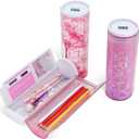 Pencil Case with Quicksand, Calculator, Mirror, Translucent Pen Box Pouch, Cute Desk Organizer, Standing cylinder Shape for Girls, Boys, Kids, School Supplies(No Lock,Sakura Forest)