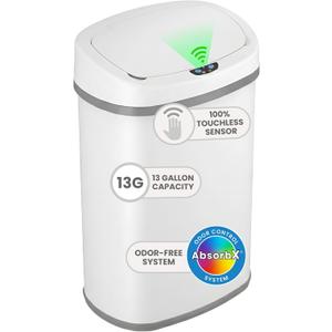 iTouchless 13 Gallon Oval Motion Sensor Garbage Container with Odor Filter, 50L Touchless Stainless Steel Kitchen Bin, Smart Automatic Lid, Fingerprint-Proof, Soft-Close, Matte White