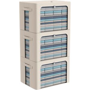 3Pack Frame Storage Box - Clothes Storage Bin Bags Oxford Fabric Foldable Stackable Container Organizer Set with Clear Window & Carry Handles Large Capacity (Beige, Large-66L)
