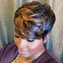 showreal Pixie Cut Wig Human Hair for Women Highlight Brown Short Straight Wigs 100% Real Human Hair Pixie Cut Wig with Bangs Layered Virgin Hair Glueless Natural Short Wig (9149-1B/30)