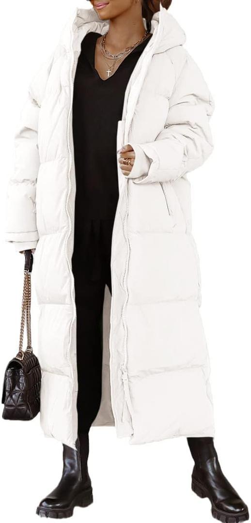 Shanfetl Women Long Quilted Coat Hooded Maxi Length Long Sleeve Puffer Jacket Padded Coat Winter Outerwear, L