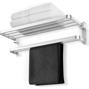 BOZWELL Bathroom Lavatory Towel Rack with Two Towel Bars,Brushed Satin Nickel 24-Inch Towel Shelf with Towel Bar,Towel Holder 1011-BSN-60 (Brushed Satin Nickel Finish)