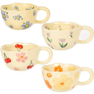 Ceramic Coffee Mug Vintage Flower Mugs 8 oz Cute Floral Coffee Mugs Irregular Latte Art Cup Lead-free Porcelain Cups for Cappuccino, Cocoa (4 Pack)