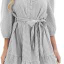 ECOWISH Women Striped Shirt Dress: Casual V Neck Button Down 3/4 Sleeve Belted Ruffle Flowy Midi Dress with Pockets S