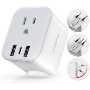 Travel Plug Adapter - SCOOFEX Foldable Power Plug with 3 USB (1 USB C Port) and 1 AC Outlets Charger for US to Most of Europe - EU France Germany Spain Italy（Type C/L Helix