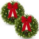 2 Pack 22 Inch Pre-Lit Christmas Wreath Norfolk Pine Wreath with Velvet Bow and Bells Realistic Greenery Holiday Decoration for Front Door Indoor Outdoor Christmas Decor (Red)