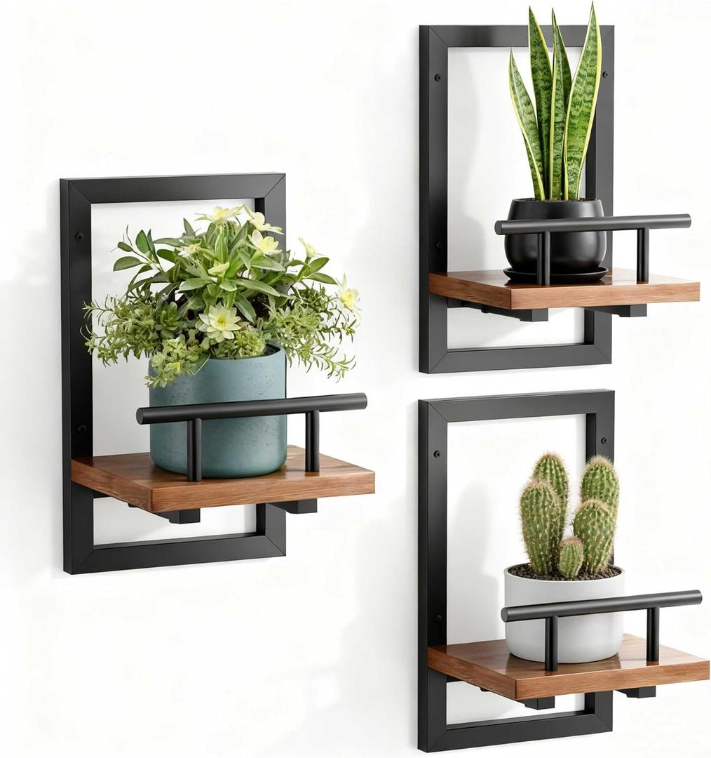 Sbosbo Floating Shelves for Wall, Plant Shelf Indoor, Wall Planters for Indoor Floating Plant Shelves for Bedroom, Living Room, Kitchen, Office, Bathroom Decor (3 Pack) (Rustic Brown)