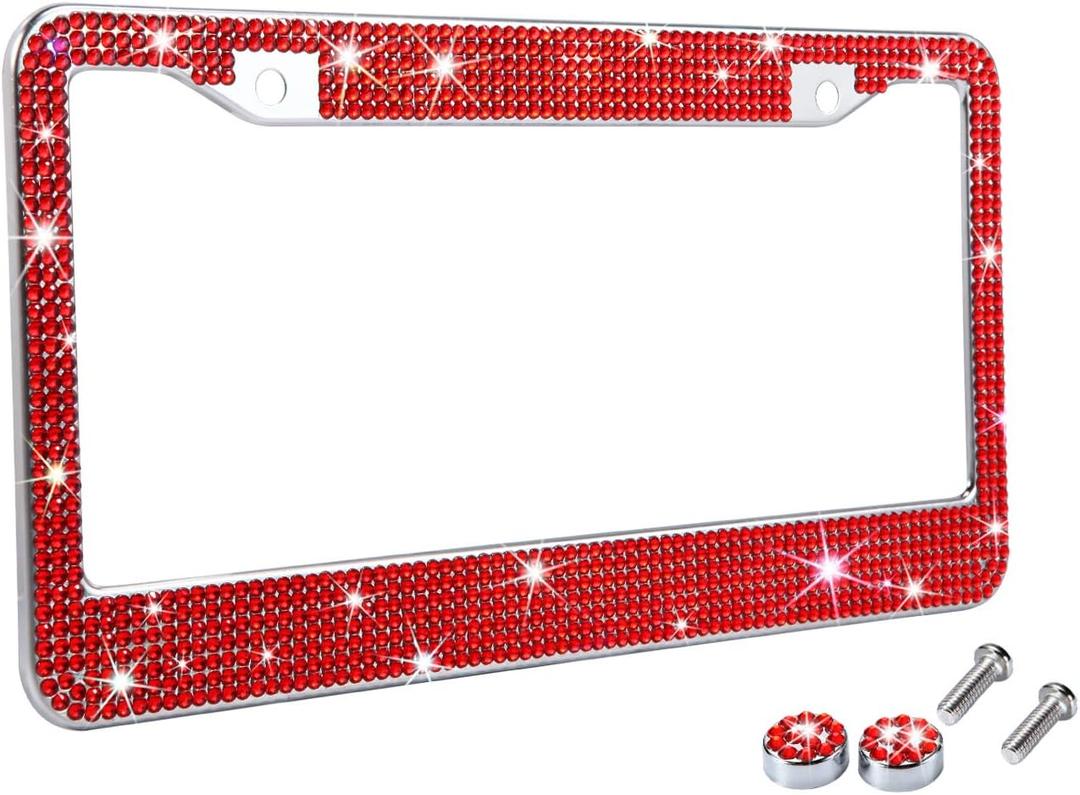 Red Bling Rhinestone License Plate Frames for Women, Metal Rust-Proof License Plate Cover Bling Car Accessories for Women Girls (1pc)