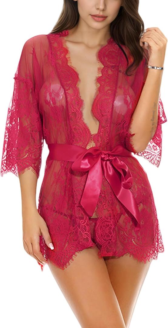 dream love Women Kimono Robe Floral Lace Babydoll Lingerie Sheer Mesh Nightgown S-XXL (S)