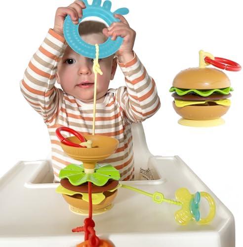 Aprilwolf Hamburger Suction Cup Toys Holder for High Chair, Stroller Baby Toys 6-12 Months & Toddlers, 3 Tethers Keep from Falling, Great for Restaurant & Car Seat Airplane Travel