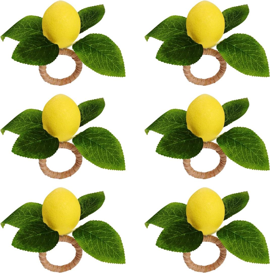 Lemon Napkin Rings Set of 6, Faux Lemon Summer Farmhouse Napkin Ring Holder for Dining Table Decor Banquet Wedding Birthday Thanksgiving Christmas Easter Holiday Table Decorations