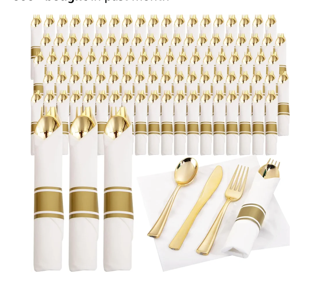 Supernal 120Pack Gold Plastic Silverware Wrapped Plastic Cutlery Set with Napkin,Pre Rolled Napkins with Cutlery Set,Rolled Silverware Disposable For Valentine's Day Mother's Day and Easter
