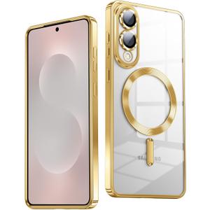 TOBOVON Slim Thin for Samsung Galaxy S25 Edge Case, Compatible with MagSafe, Built-in Camera Lens Protector, Shockproof Protective Phone Case, Soft Electroplated Clear Cover, Gold