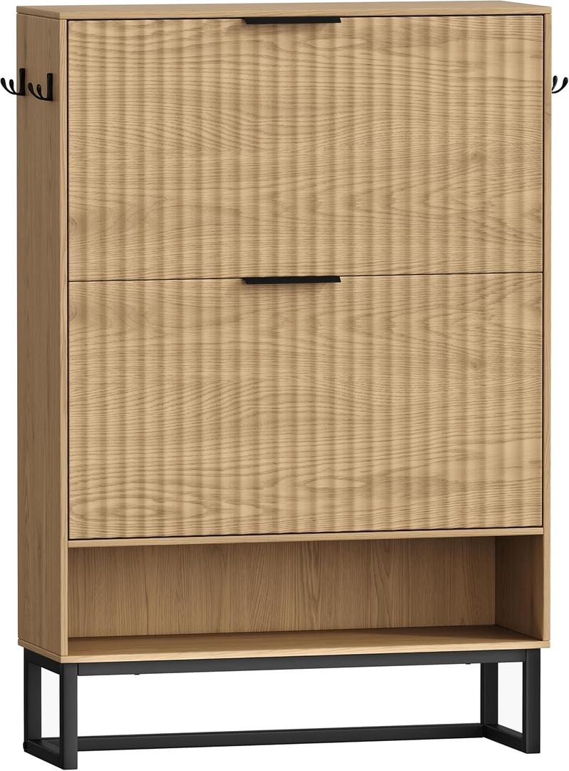 Akxomel 31.5" W Fluted Shoe Storage Cabinet, Narrow Hidden Shoe Rack Cabinet with Metal Legs, Narrow Shoe Organizer, 2 Flip Drawers, for Entryway, Hallway, Living Room, Natural Oak