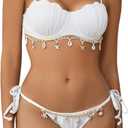 MakeMeChic Women's Bikini Set Textured Scallop Trim Shell Tie Back Bathing Suits (Small, White)