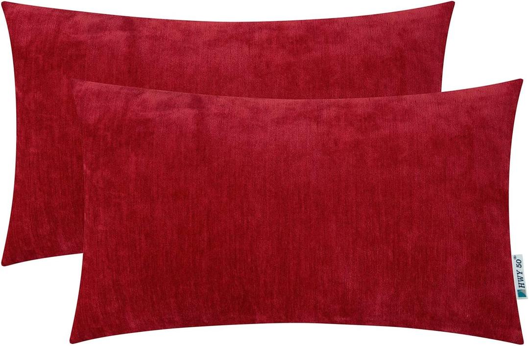 HWY 50 Red Decorative Lumbar Throw Pillow Covers 12x20 Inch for Couch Sofa Living Room, Chenille Soft Comfy Solid Rectangular Throw Pillows Case Set Cushion Cover Pack of 2