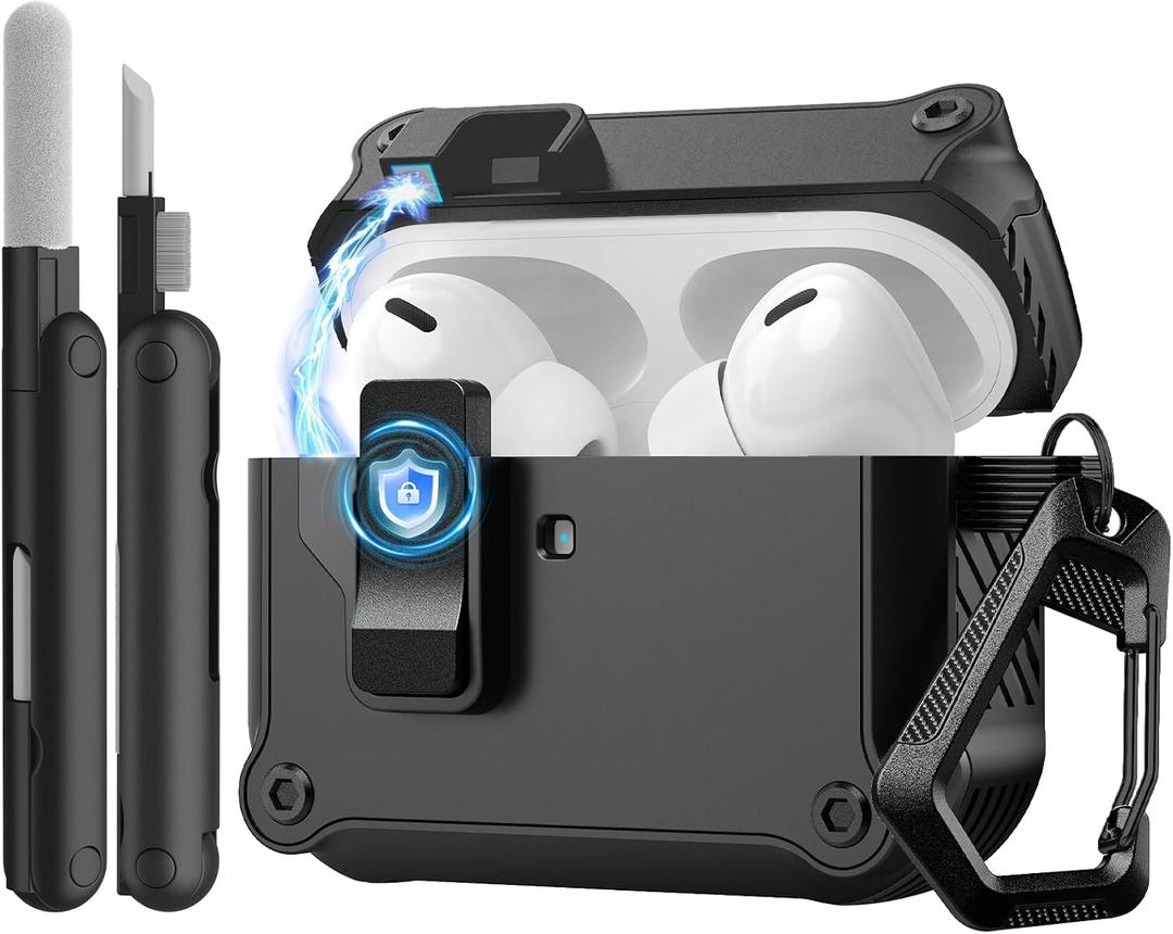 TiMOVO Case for Airpods Pro 3 (2025) with Secure Lock Clip, Automatic Pop-up Full Drop Protective Hard Cover for Apple AirPod Pro 3rd Generation with Climbing Hook & Cleaning Kit, Black
