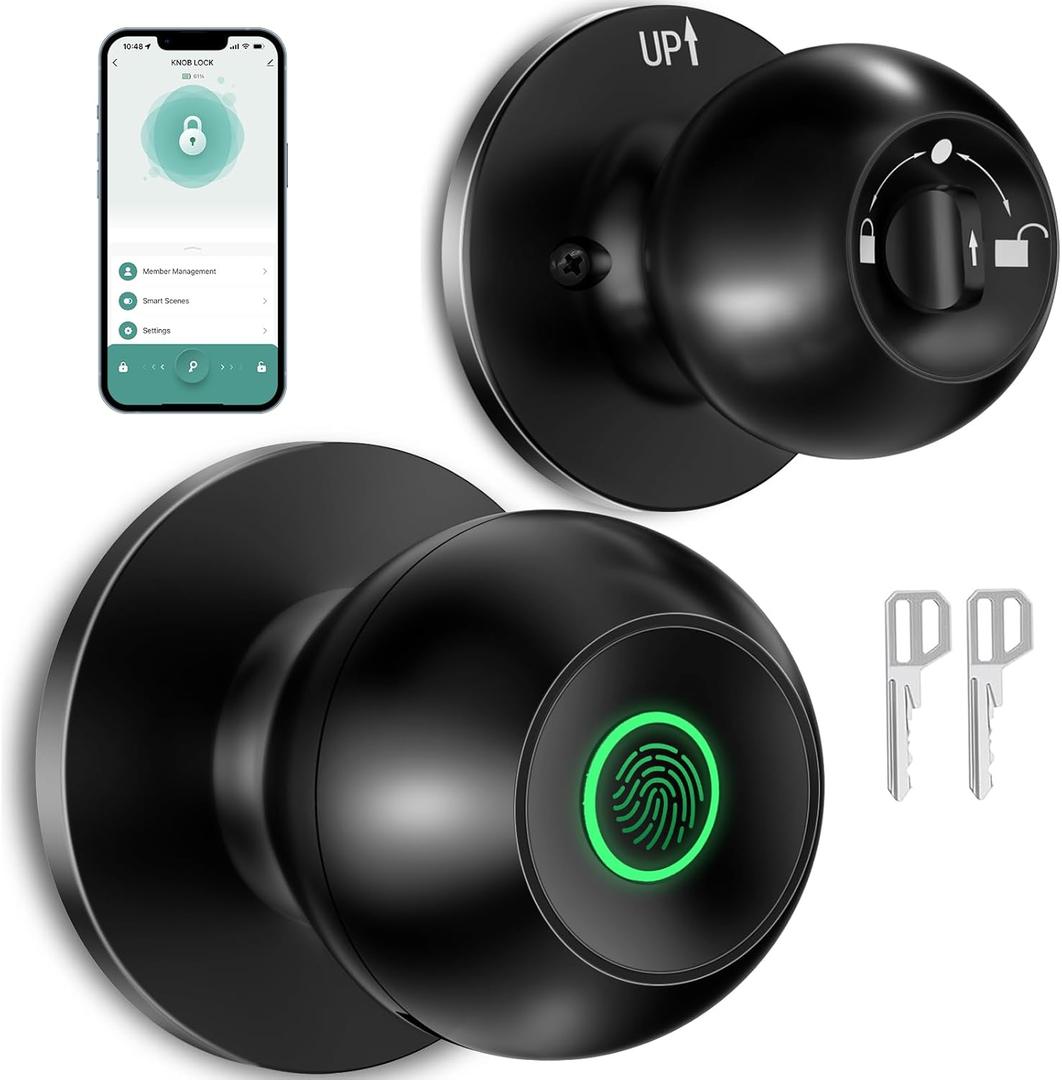 Fingerprint Door LockSmart Door Knob, Smart Biometric Door Lock Fingerprint Door knob with App Control Suitable for Bedroom,Utility Room,Apartments Offices,Hotels(Black)