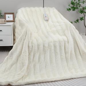 Heated Blanket Electric Queen- 84"x90" Soft Thick Faux Fur Electric Blanket for Sofa with 5 Heat Levels & 10 Hours Auto-Off Overheat Protection, Warm Cozy Gifts, Cream