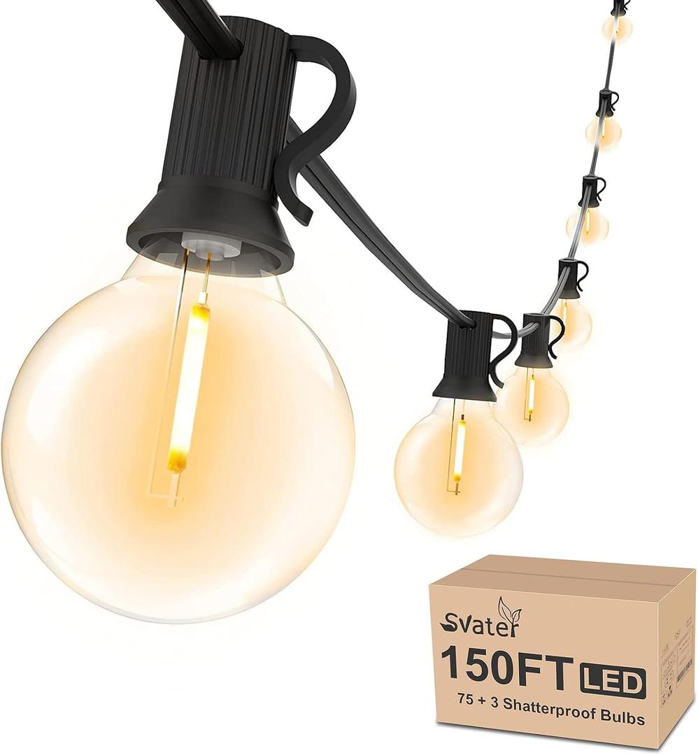 Svater Outdoor String Lights 150 FT Waterproof Outside Patio Light 78 Bulbs
Shatterproof G40 LED Edison Bulbs, Plug-In, Dimmable, Connectable, Outside Light for Bistro Cafe Backyard Porch Party Decor