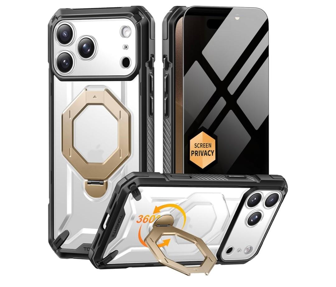 TONGATE for iPhone 17 Pro Max Case with 360° Spin Magnetic Stand, [Compatible with MagSafe][Military-Grade Protection] with Privacy Screen Protector & Camera Control Cover for iPhone 17 ProMax, Clear