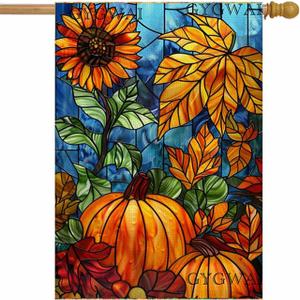 Fall House Flag 28x40 Inch Double Sided, Autumn Pumpkin Sunflower Burlap Yard Flag for Outside, Stained Glass Thanksgiving Seasonal Outdoor Decor for Home, Lawn, Porch, Farmhouse