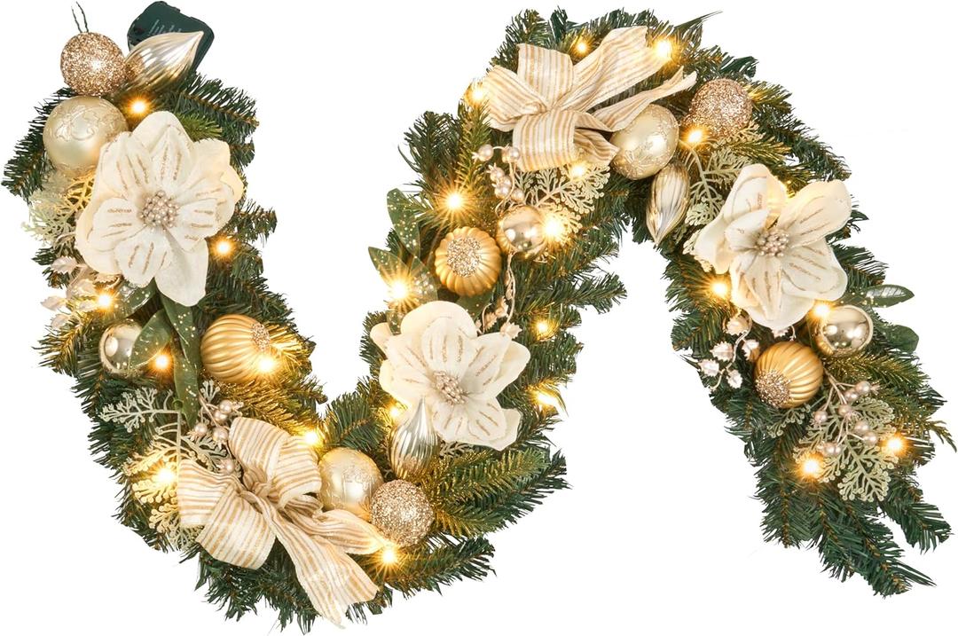 6ft White and Gold Christmas Garland with 25 LED Lights with Timer, prelit champgn Gold Garland with Magnolia and Plenty Ornament,Festive Lighted Decor for Front Door, Mantel, Stair & Fireplace