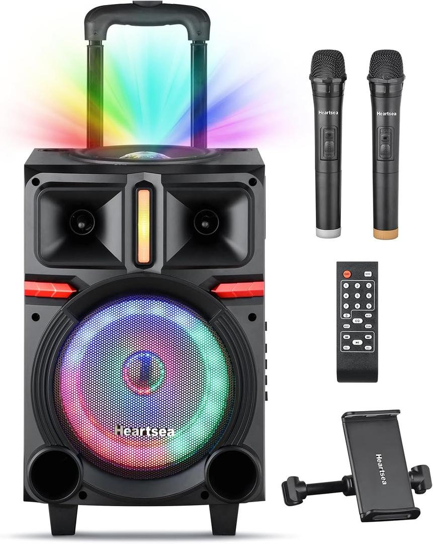 HEARTSEA Karaoke Machine, 8" Woofer Portable PA System, Bluetooth Speaker with 2 Wireless Microphones, Lyrics Display Tablet Holder, Party Lights & Echo/Treble/Bass Adjustment Support REC/AUX/USB/TF