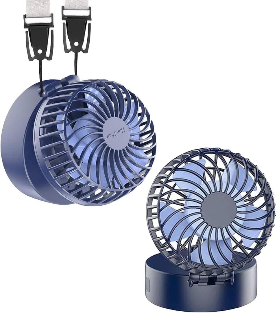HandFan Mini Necklace Fan with Portable Charger/Makeup Mirror, Personal Hanging Neck Fan Rechargeable, Hands-Free Battery Operated Wearable Fan for Travel Outdoor Makeup(Blue) (A-Blue)