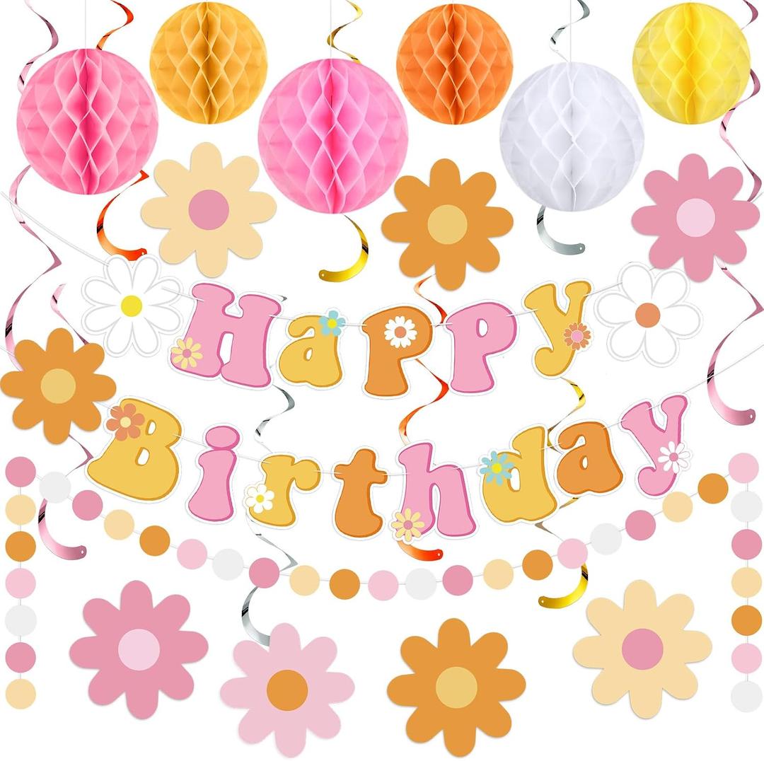 Pasimy Groovy Party Decorations Daisy Birthday Banner Garland Boho Flower Happy Birthday Decor Retro Hippie Hanging Swirls Streamer Groovy Honeycomb Balls Dot Garland Banner for Boho Party Supplies