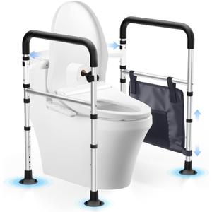 Toilet Safety Rails, Height & Width Adjustable Detachable Toilet Safety Frame for Seniors, Elderly & Disabled, Foldable Handicap Toilet Rails with Handles Storage Bag, Tissue Holder (350LB) (Black)