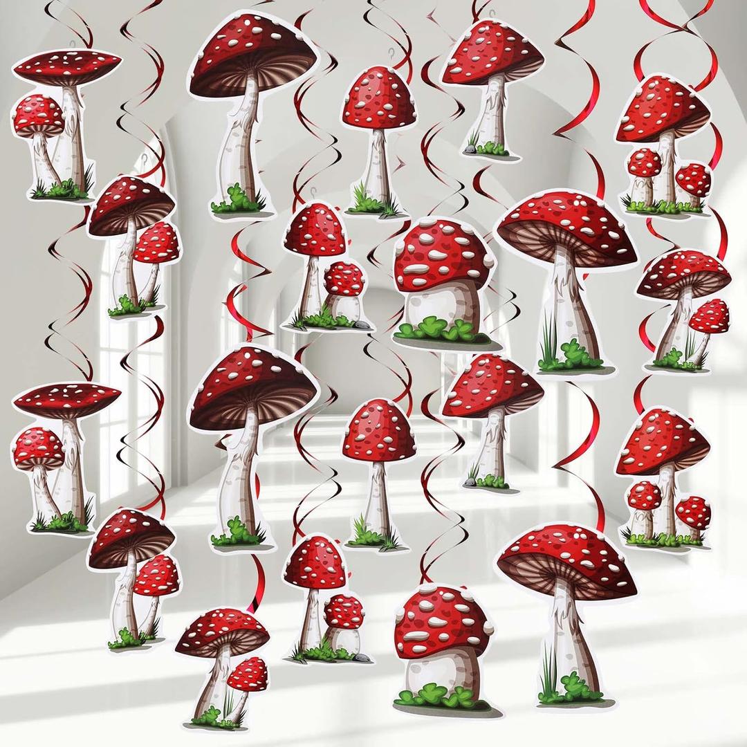 30 Pieces Mushroom Hanging Swirls Ceiling Streamers Decorations Mushroom Party Supplies Wonderland Party Foil Swirls Wall Decor for Baby Shower Birthday Favor Supplies