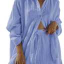 Linsery 2 Piece Summer Outfits Button Down Shirt Top and Shorts Casual Lounge Sets (Medium, Glacial Blue)