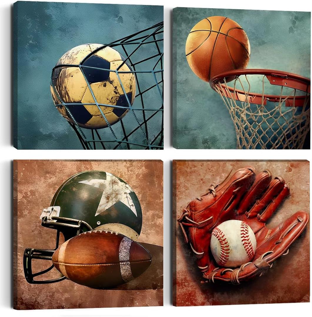 4PC Sports Canvas Wall Art Framed Boys Room Decor Rustic Football Baseball Basketball Soccer Wall Decor Sport Theme Posters Vintage Canvas Prints Picture Artwork Playroom Boys Bedroom Decor (Multi325)