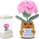 Mother's Day Decor Artificial Carnation Flowers Handmade Crochet Flower Bouquet Cute Knitted Flower Bouquet Kit Crochet Plant Potted Artificial Carnations Gift Box (Pink, 1pcs)