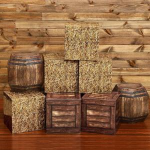 Threehoney 8 Pcs Western Cowboy Party Decorations 11.8 Inches Summer Halloween Hay Bales Boxes Decor Include Wood Grain Wine Barrel Boxes Hay Decoration for Pirate Farmhouse Western Themed Party