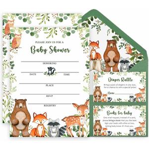 Yuzioey 50 Woodland Baby Shower Invitations, Forest Woodland Greenery Invitations Macthing Envelpoes, Diaper Raffle Tickets, Book Request Cards, Forest Creatures Invitations