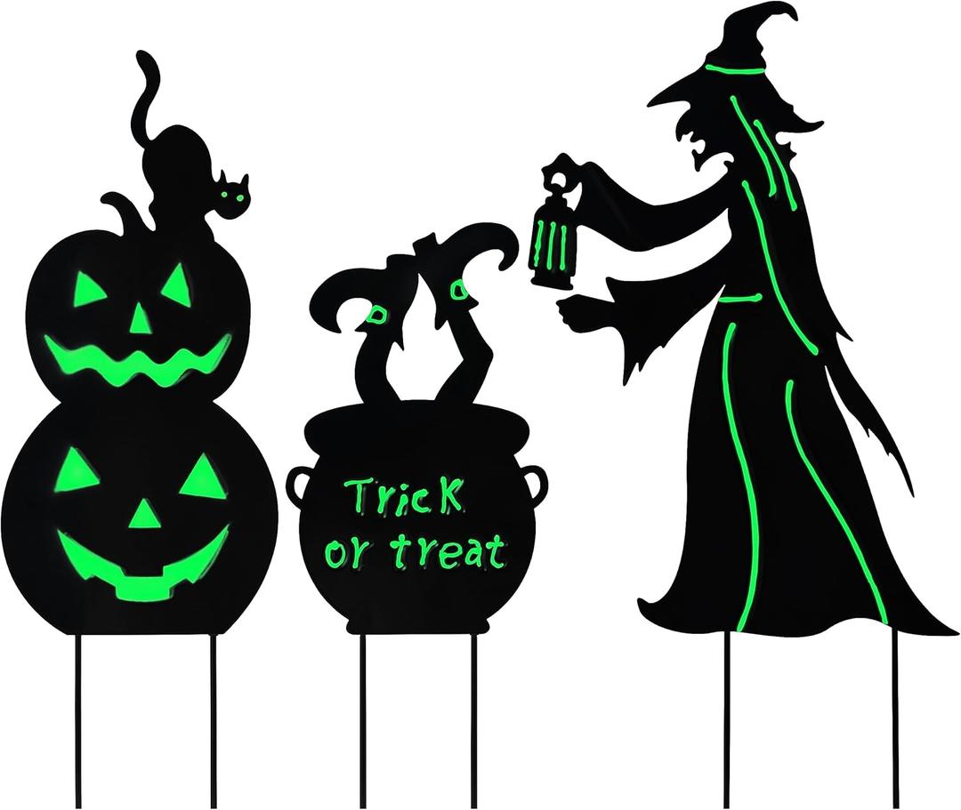 Aesto Halloween Yard Signs Outdoor Decorations, 3 Pack Witch and Pumpkin Shaped Metal Lawn Signs Waterproof Glow in The Dark for Garden, Walkway, Patio, Porch Outside Decor